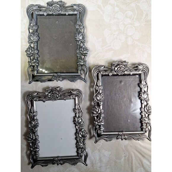 3 Vintage Rose Ornate Pewter Picture Frames 1 Matte 2 A Bit Shiny 4.5" x 6.5"ish - Picture 9 of 12